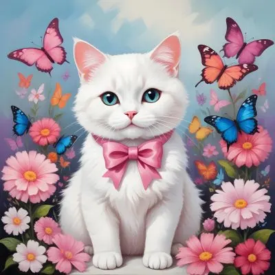 A Cute White Cat With A Pink Bow Holding A Blank Sign Surrounded By Colorful Butterflies Flowers And Pastel Decorations 247 4ff6