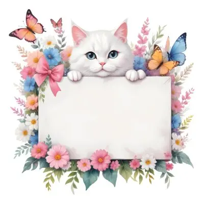 A Cute White Cat With A Pink Bow Holding A Blank Sign Surrounded By Colorful Butterflies Flowers And Pastel Decorations 248 Eb1a