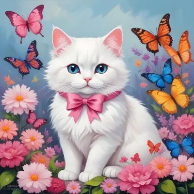A Cute White Cat With A Pink Bow Holding A Blank Sign Surrounded By Colorful Butterflies Flowers And Pastel Decorations 249 4595