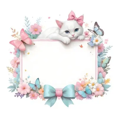 A Cute White Cat With A Pink Bow Holding A Blank Sign Surrounded By Colorful Butterflies Flowers And Pastel Decorations 25 A12c
