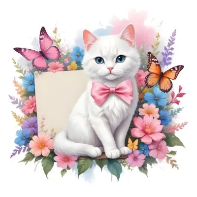 A Cute White Cat With A Pink Bow Holding A Blank Sign Surrounded By Colorful Butterflies Flowers And Pastel Decorations 250 382f
