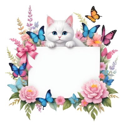 A Cute White Cat With A Pink Bow Holding A Blank Sign Surrounded By Colorful Butterflies Flowers And Pastel Decorations 251 58b8