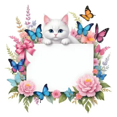 A Cute White Cat With A Pink Bow Holding A Blank Sign Surrounded By Colorful Butterflies Flowers And Pastel Decorations 251 58b8