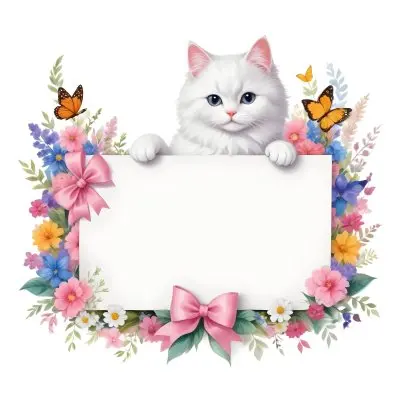 A Cute White Cat With A Pink Bow Holding A Blank Sign Surrounded By Colorful Butterflies Flowers And Pastel Decorations 252 4e14