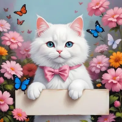 A Cute White Cat With A Pink Bow Holding A Blank Sign Surrounded By Colorful Butterflies Flowers And Pastel Decorations 253 Ac10