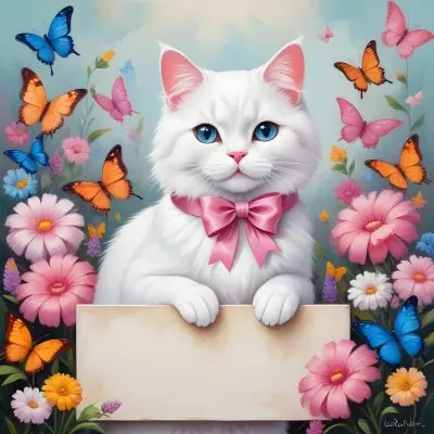 A Cute White Cat With A Pink Bow Holding A Blank Sign Surrounded By Colorful Butterflies Flowers And Pastel Decorations 254 417e
