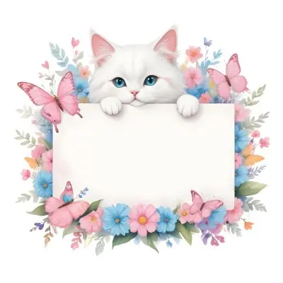 A Cute White Cat With A Pink Bow Holding A Blank Sign Surrounded By Colorful Butterflies Flowers And Pastel Decorations 256 Cca7