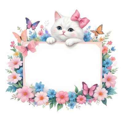 A Cute White Cat With A Pink Bow Holding A Blank Sign Surrounded By Colorful Butterflies Flowers And Pastel Decorations 257 B664