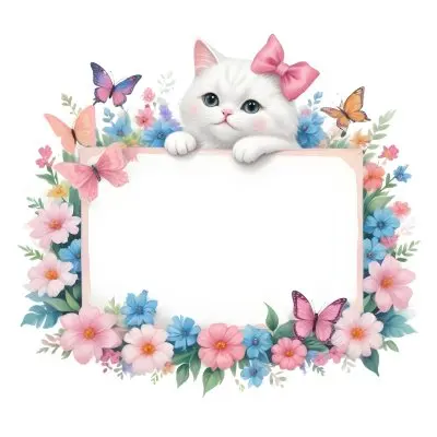 A Cute White Cat With A Pink Bow Holding A Blank Sign Surrounded By Colorful Butterflies Flowers And Pastel Decorations 257 B664