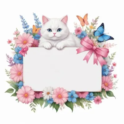 A Cute White Cat With A Pink Bow Holding A Blank Sign Surrounded By Colorful Butterflies Flowers And Pastel Decorations 258 4778