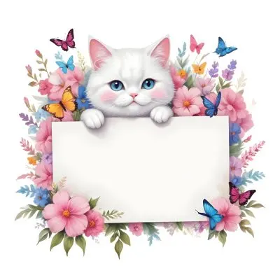 A Cute White Cat With A Pink Bow Holding A Blank Sign Surrounded By Colorful Butterflies Flowers And Pastel Decorations 259 897c