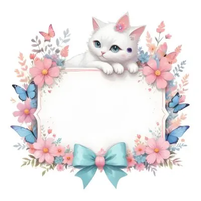 A Cute White Cat With A Pink Bow Holding A Blank Sign Surrounded By Colorful Butterflies Flowers And Pastel Decorations 26 A536
