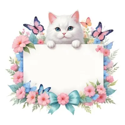 A Cute White Cat With A Pink Bow Holding A Blank Sign Surrounded By Colorful Butterflies Flowers And Pastel Decorations 260 1cad