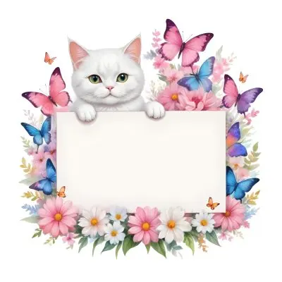 A Cute White Cat With A Pink Bow Holding A Blank Sign Surrounded By Colorful Butterflies Flowers And Pastel Decorations 261 E2cd