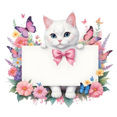 A Cute White Cat With A Pink Bow Holding A Blank Sign Surrounded By Colorful Butterflies Flowers And Pastel Decorations 262 774b