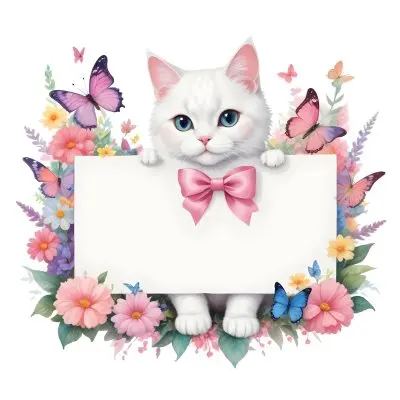 A Cute White Cat With A Pink Bow Holding A Blank Sign Surrounded By Colorful Butterflies Flowers And Pastel Decorations 262 774b