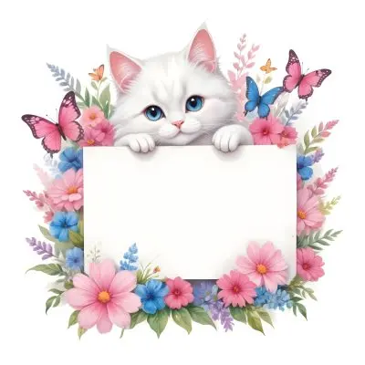 A Cute White Cat With A Pink Bow Holding A Blank Sign Surrounded By Colorful Butterflies Flowers And Pastel Decorations 263 49b1