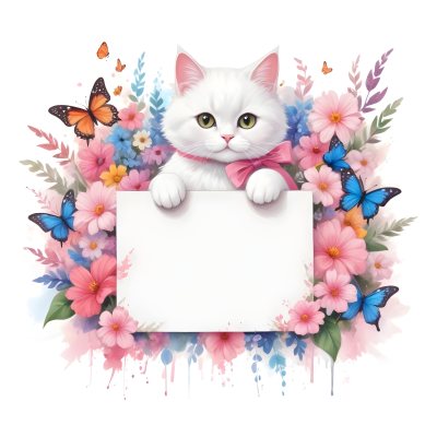 A Cute White Cat With A Pink Bow Holding A Blank Sign Surrounded By Colorful Butterflies Flowers And Pastel Decorations 264 29b1