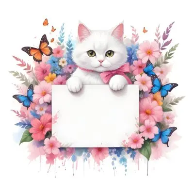 A Cute White Cat With A Pink Bow Holding A Blank Sign Surrounded By Colorful Butterflies Flowers And Pastel Decorations 264 29b1