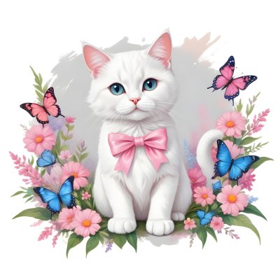 A Cute White Cat With A Pink Bow Holding A Blank Sign Surrounded By Colorful Butterflies Flowers And Pastel Decorations 265 1da3