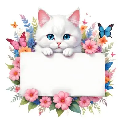 A Cute White Cat With A Pink Bow Holding A Blank Sign Surrounded By Colorful Butterflies Flowers And Pastel Decorations 267 31fe