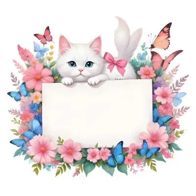 A Cute White Cat With A Pink Bow Holding A Blank Sign Surrounded By Colorful Butterflies Flowers And Pastel Decorations 268 8223