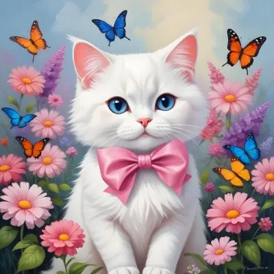 A Cute White Cat With A Pink Bow Holding A Blank Sign Surrounded By Colorful Butterflies Flowers And Pastel Decorations 269 Ff4a