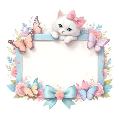A Cute White Cat With A Pink Bow Holding A Blank Sign Surrounded By Colorful Butterflies Flowers And Pastel Decorations 27 7a86