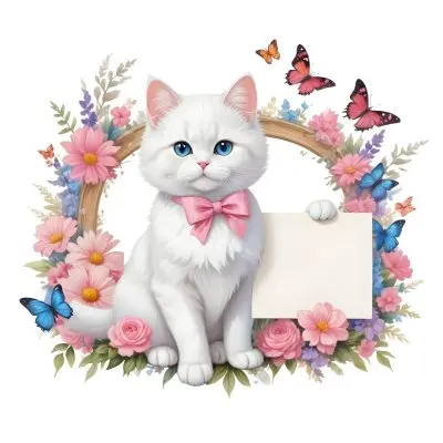 A Cute White Cat With A Pink Bow Holding A Blank Sign Surrounded By Colorful Butterflies Flowers And Pastel Decorations 270 E670