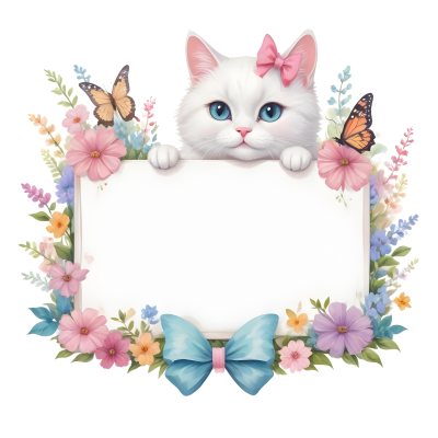 A Cute White Cat With A Pink Bow Holding A Blank Sign Surrounded By Colorful Butterflies Flowers And Pastel Decorations 271 Dded