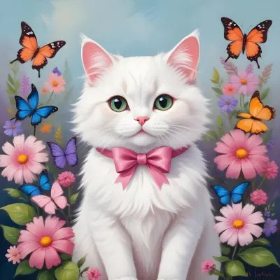 A Cute White Cat With A Pink Bow Holding A Blank Sign Surrounded By Colorful Butterflies Flowers And Pastel Decorations 272 9ce5