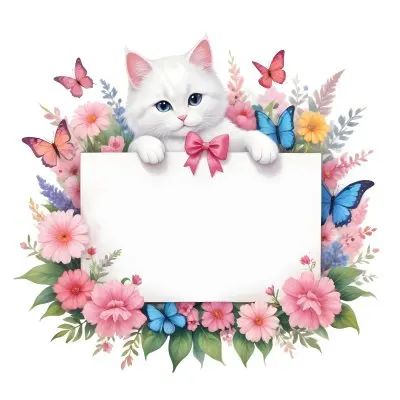 A Cute White Cat With A Pink Bow Holding A Blank Sign Surrounded By Colorful Butterflies Flowers And Pastel Decorations 273 F285