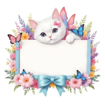 A Cute White Cat With A Pink Bow Holding A Blank Sign Surrounded By Colorful Butterflies Flowers And Pastel Decorations 274 4dab