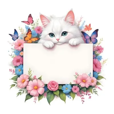 A Cute White Cat With A Pink Bow Holding A Blank Sign Surrounded By Colorful Butterflies Flowers And Pastel Decorations 275 5473