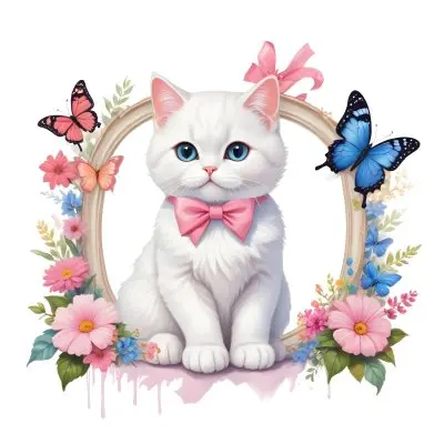 A Cute White Cat With A Pink Bow Holding A Blank Sign Surrounded By Colorful Butterflies Flowers And Pastel Decorations 276 Dd4f