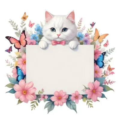 A Cute White Cat With A Pink Bow Holding A Blank Sign Surrounded By Colorful Butterflies Flowers And Pastel Decorations 277 660b
