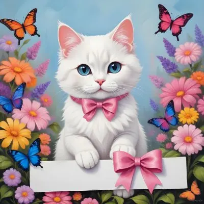 A Cute White Cat With A Pink Bow Holding A Blank Sign Surrounded By Colorful Butterflies Flowers And Pastel Decorations 278 A5ff