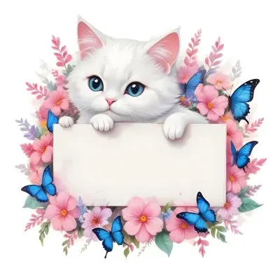 A Cute White Cat With A Pink Bow Holding A Blank Sign Surrounded By Colorful Butterflies Flowers And Pastel Decorations 279 39f6