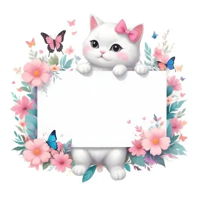 A Cute White Cat With A Pink Bow Holding A Blank Sign Surrounded By Colorful Butterflies Flowers And Pastel Decorations 28 5be9