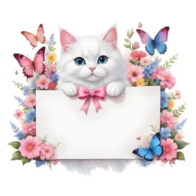 A Cute White Cat With A Pink Bow Holding A Blank Sign Surrounded By Colorful Butterflies Flowers And Pastel Decorations 280 Bbd3