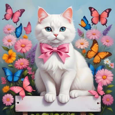 A Cute White Cat With A Pink Bow Holding A Blank Sign Surrounded By Colorful Butterflies Flowers And Pastel Decorations 281 Ca36