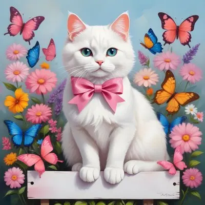 A Cute White Cat With A Pink Bow Holding A Blank Sign Surrounded By Colorful Butterflies Flowers And Pastel Decorations 281 Ca36