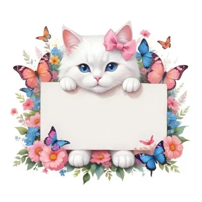 A Cute White Cat With A Pink Bow Holding A Blank Sign Surrounded By Colorful Butterflies Flowers And Pastel Decorations 282 B7f4