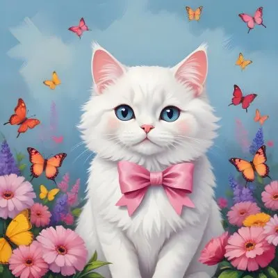 A Cute White Cat With A Pink Bow Holding A Blank Sign Surrounded By Colorful Butterflies Flowers And Pastel Decorations 286 C2bc
