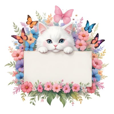 A Cute White Cat With A Pink Bow Holding A Blank Sign Surrounded By Colorful Butterflies Flowers And Pastel Decorations 287 65df