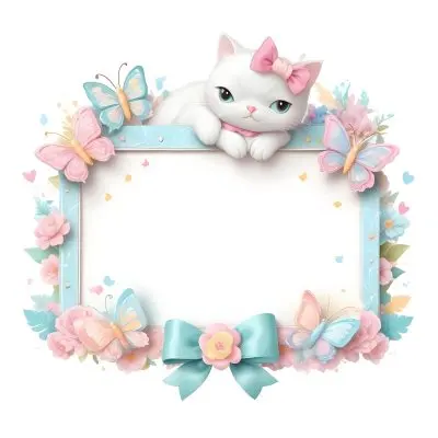 A Cute White Cat With A Pink Bow Holding A Blank Sign Surrounded By Colorful Butterflies Flowers And Pastel Decorations 288 E8b0