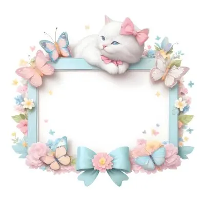 A Cute White Cat With A Pink Bow Holding A Blank Sign Surrounded By Colorful Butterflies Flowers And Pastel Decorations 289 290b