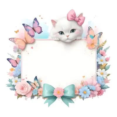 A Cute White Cat With A Pink Bow Holding A Blank Sign Surrounded By Colorful Butterflies Flowers And Pastel Decorations 29 C41a