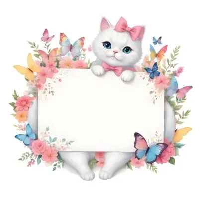 A Cute White Cat With A Pink Bow Holding A Blank Sign Surrounded By Colorful Butterflies Flowers And Pastel Decorations 290 8c97