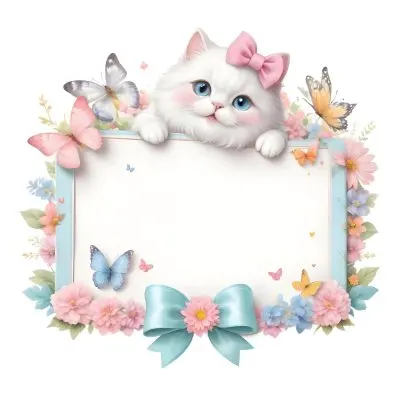 A Cute White Cat With A Pink Bow Holding A Blank Sign Surrounded By Colorful Butterflies Flowers And Pastel Decorations 291 6b5a